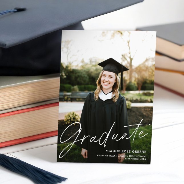Custom Colour Modern Script White Graduation Photo Announcement (Creator Uploaded)