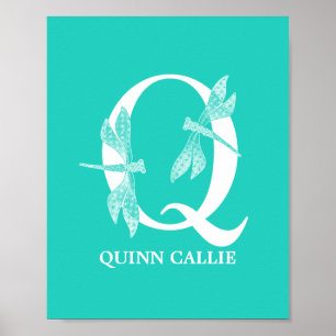 Custom Colour Name Monogram Letter Q Dragonfly art Poster