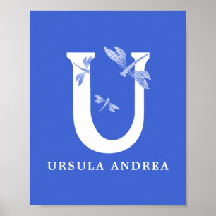 Custom Colour Name Monogram Letter U Dragonfly Art Poster