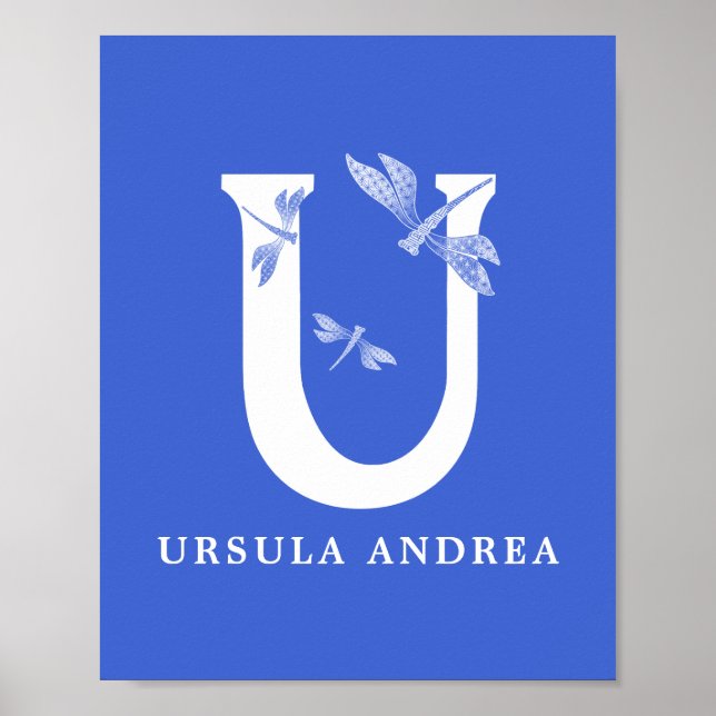 Custom Colour Name Monogram Letter U Dragonfly Art Poster (Front)