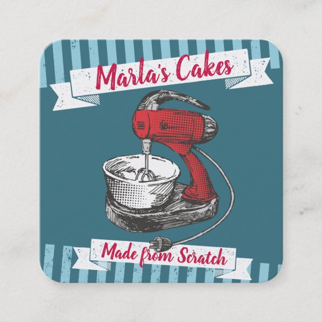 Custom colour retro stand mixer bakery baking square business card (Front)