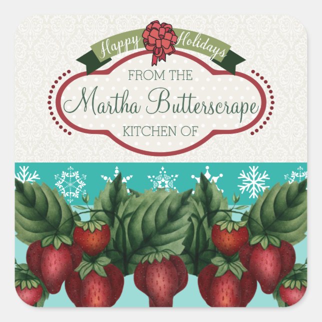 Custom colour strawberries snowflake holiday bakin square sticker (Front)