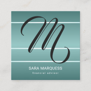Custom Colour Teal Blue Metallic Stripes Monogram Square Business Card