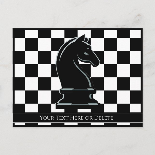 Custom Colour & Text Chessboard Black Knight Chess Postcard (Front)