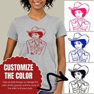 Custom Colour Western Cowgirl Line Drawing Style T-Shirt