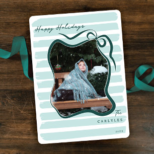 Custom Colour Whimsical Bow Striped Photo Holiday Card
