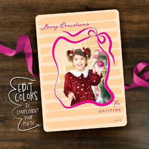 Custom Colour Whimsical Bow Striped Photo Seasonal Holiday Card