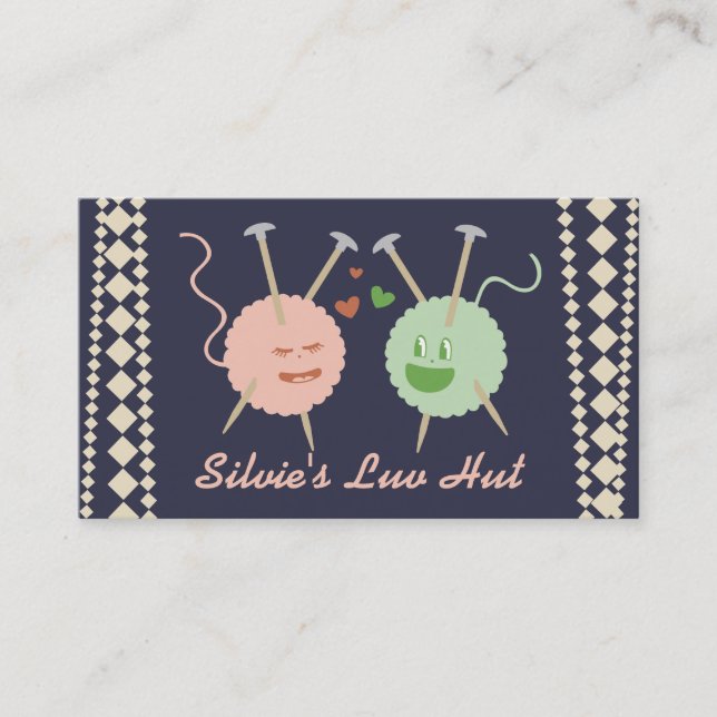 Custom colour yarn balls in love kawaii knitting business card (Front)