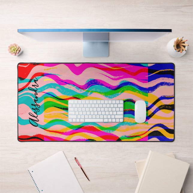Custom Colourful Abstract Hand Drawn Waves Stripes Desk Mat (Office 1)