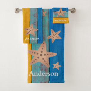Custom Colourful Beach Rustic Wood Starfish Bath Towel Set