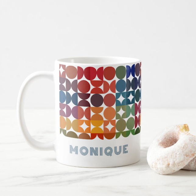 Custom Colourful Blue Orange Purple Retro Pattern Coffee Mug (With Donut)