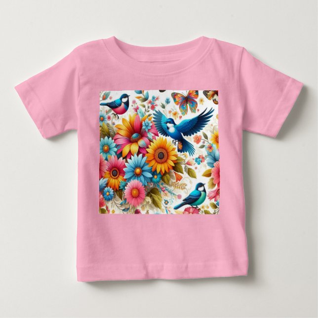 Custom Colourful Butterflies Birds Flowers Pink Baby T-Shirt (Front)