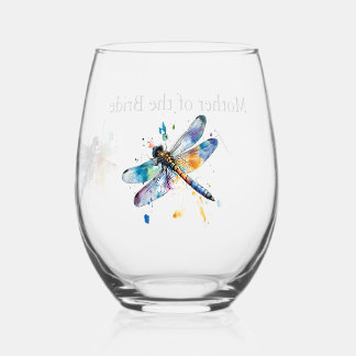 Custom Colourful Dragonfly Garden Wedding Stemless Wine Glass