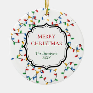 Custom Colourful Festive Christmas Lights Pattern  Ceramic Ornament
