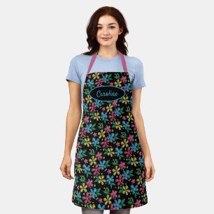 Custom Colourful Floral Pattern on Black Apron