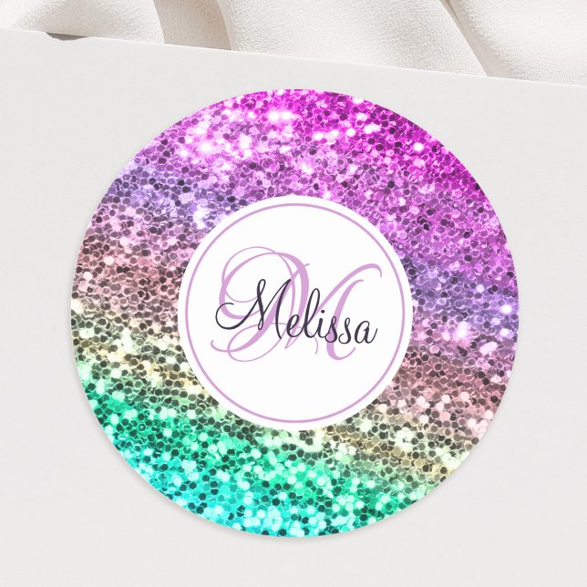 Custom Colourful Glitter Mermaid Monogrammed Name Classic Round Sticker (Creator Uploaded)