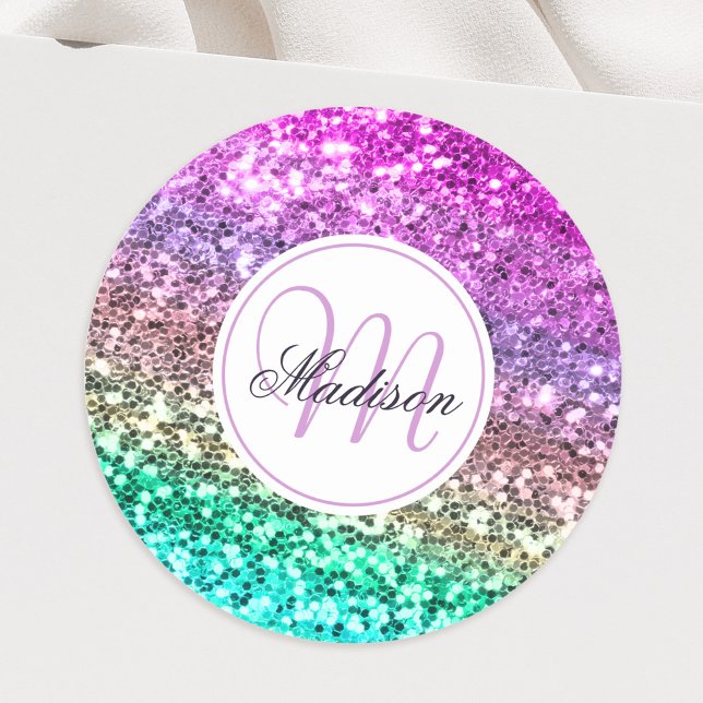 Custom Colourful Glitter Mermaid Monogrammed Name Classic Round Sticker (Creator Uploaded)