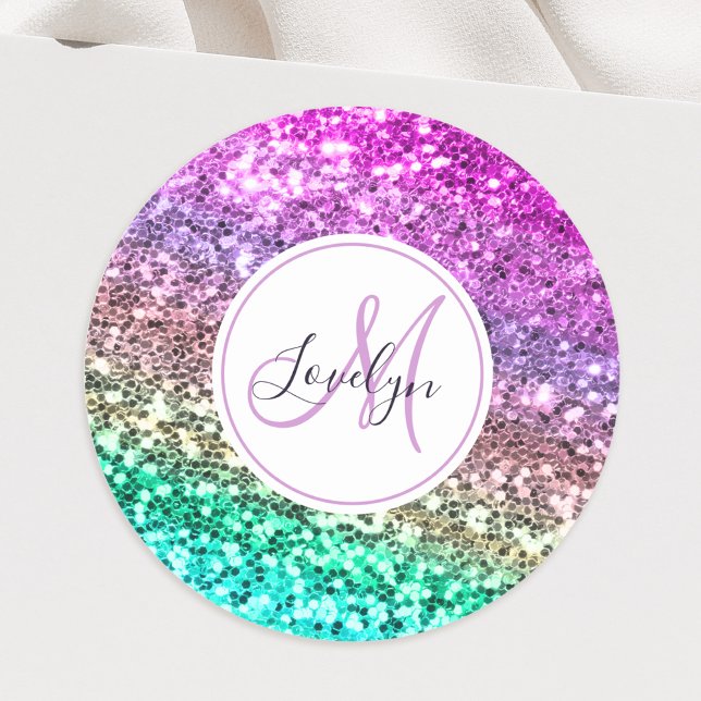 Custom Colourful Glitter Mermaid Monogrammed Name Classic Round Sticker (Creator Uploaded)