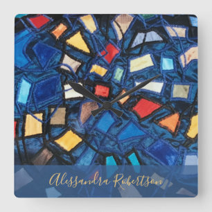 Custom Colourful Navy Stained Glass Look Abstract Square Wall Clock