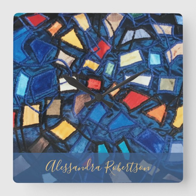 Custom Colourful Navy Stained Glass Look Abstract  Square Wall Clock (Front)