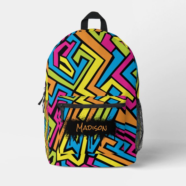 Custom Colourful Neon Graffiti Street Art School Printed Backpack (Front)