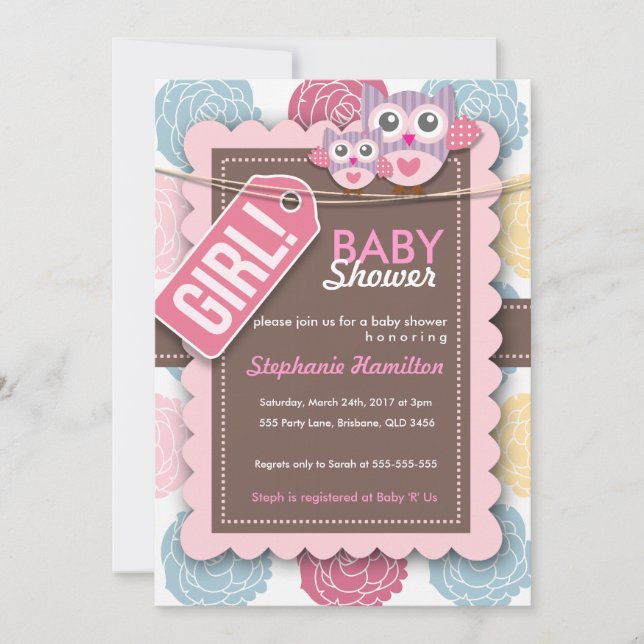 Custom colourful  owl flower baby shower invite (Front)