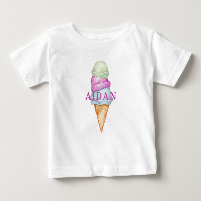 Custom Colourful Painted Ice Cream Cone With Name Baby T-Shirt (Front)