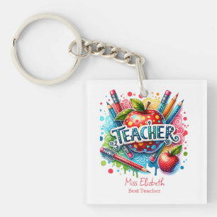 Custom Colourful Pencil Apple Teacher Appreciation Key Ring