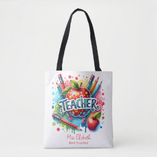 Custom Colourful Pencil Apple Teacher Appreciation Tote Bag