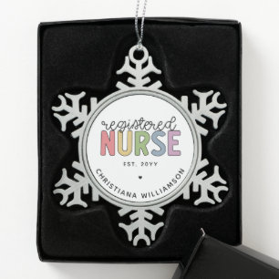 Custom Colourful Registered Nurse RN Graduation Snowflake Pewter Christmas Ornament