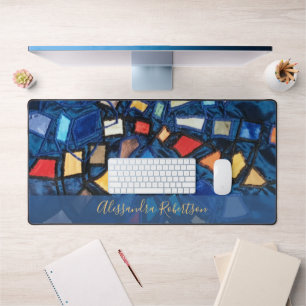 Custom Colourful Stained Glass Look Abstract Navy Desk Mat