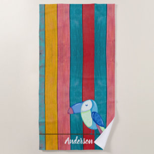 Custom Colourful Toucan Beach Rustic Wood Beach Towel