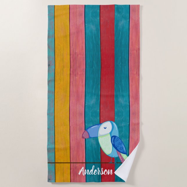 Custom Colourful Toucan Beach Rustic Wood   Towel (Front)