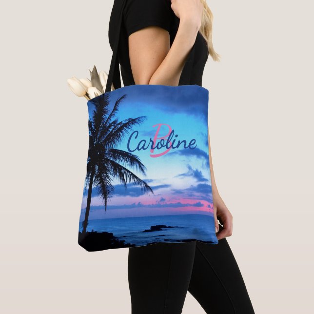 Custom Colourful Tropical Island Beach Ocean Sunse Tote Bag (Close Up)