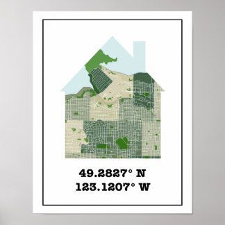 Custom Colourful Vancouver Home Map w/ Coordinates Poster