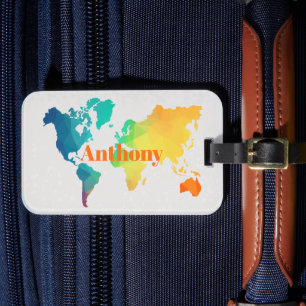 Custom Colourful World Map Monogram Name Luggage Tag