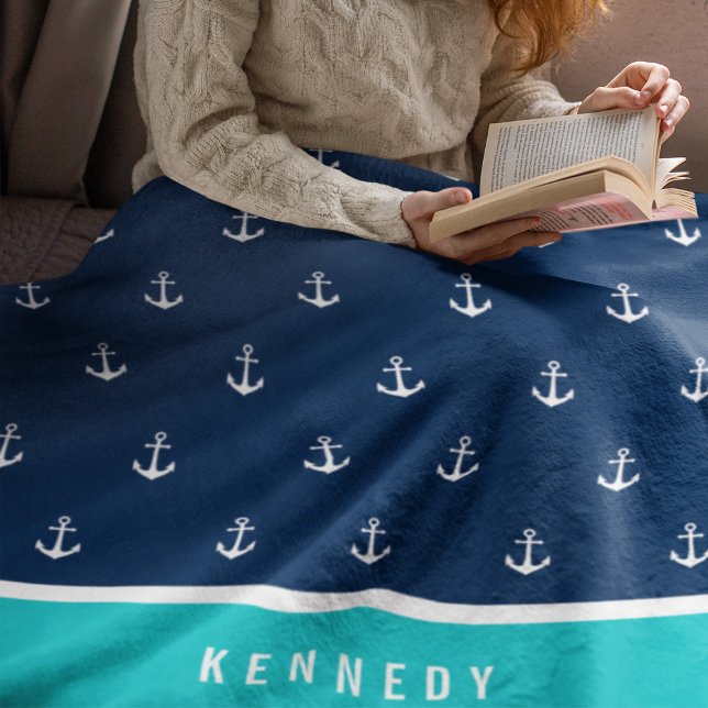 Custom Colours Add Name Nautical Anchor Fleece Blanket (Creator Uploaded)