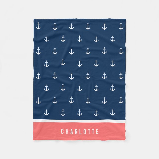 Custom Colours Add Name Nautical Anchor Fleece Blanket (Front)