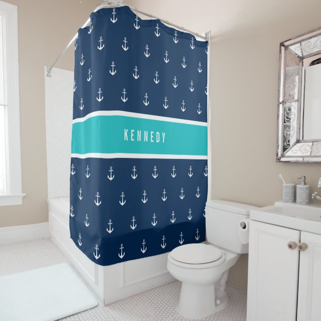 Custom Colours Add Name Nautical Anchor Shower Curtain (In Situ)