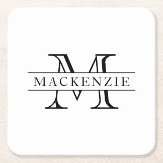 Custom Colours Border Bar Family Name Monogram Square Paper Coaster