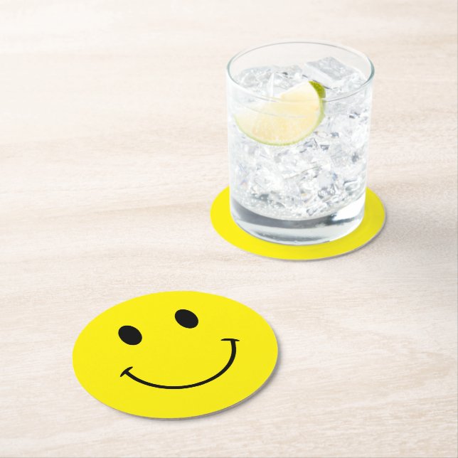 Custom Colours Cute Retro Smile Round Paper Coaster (Insitu)