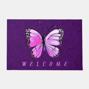 Custom Colours Doormat Pink Butterfly Roses Welcom