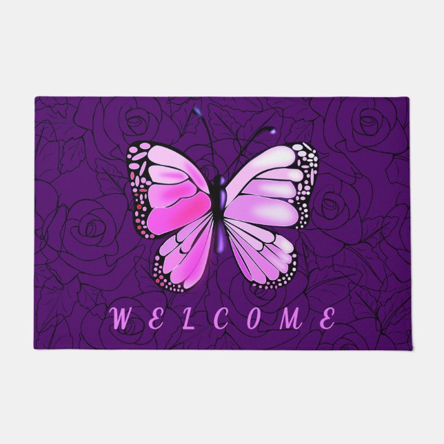 Custom Colours Doormat Pink Butterfly Roses Welcom (Front)