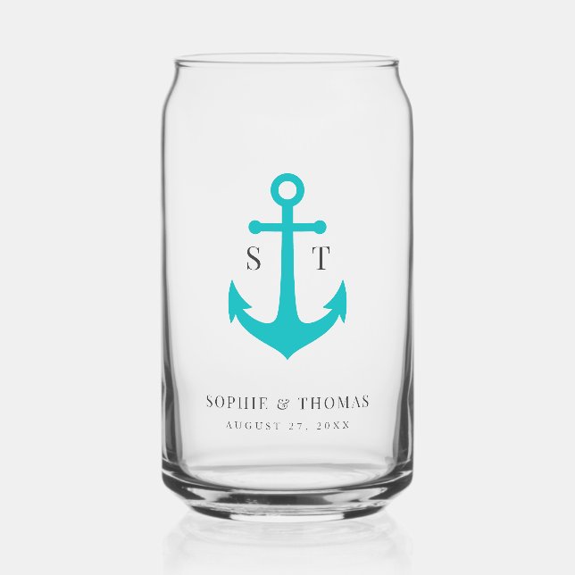 Custom Colours Monogram Anchor Wedding  Can Glass (Front)