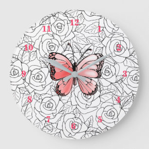 Custom Colours Wall Clock - Pink Butterfly in Rose