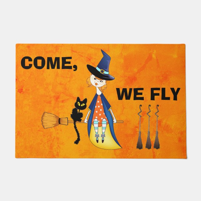 Custom COME, WE FLY Witch Cat Orange Welcome Deco Doormat (Front)