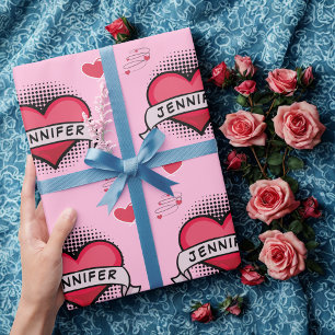 Custom comic book style pink heart gifts wrapping paper