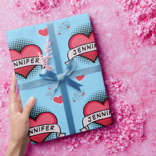 Custom comic book style sky blue heart gifts  wrapping paper
