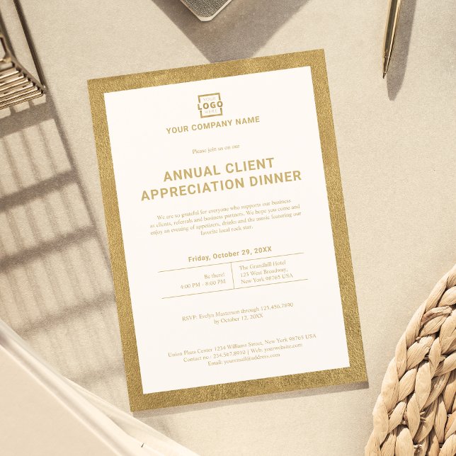 Custom Company Business Corporate Event Party Invitation (Invite your guests with this gold invitation that has your custom logo and information.)