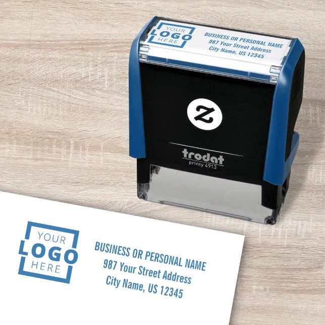 Custom Company Business Logo Address Blue Self-inking Stamp (Creator Uploaded)